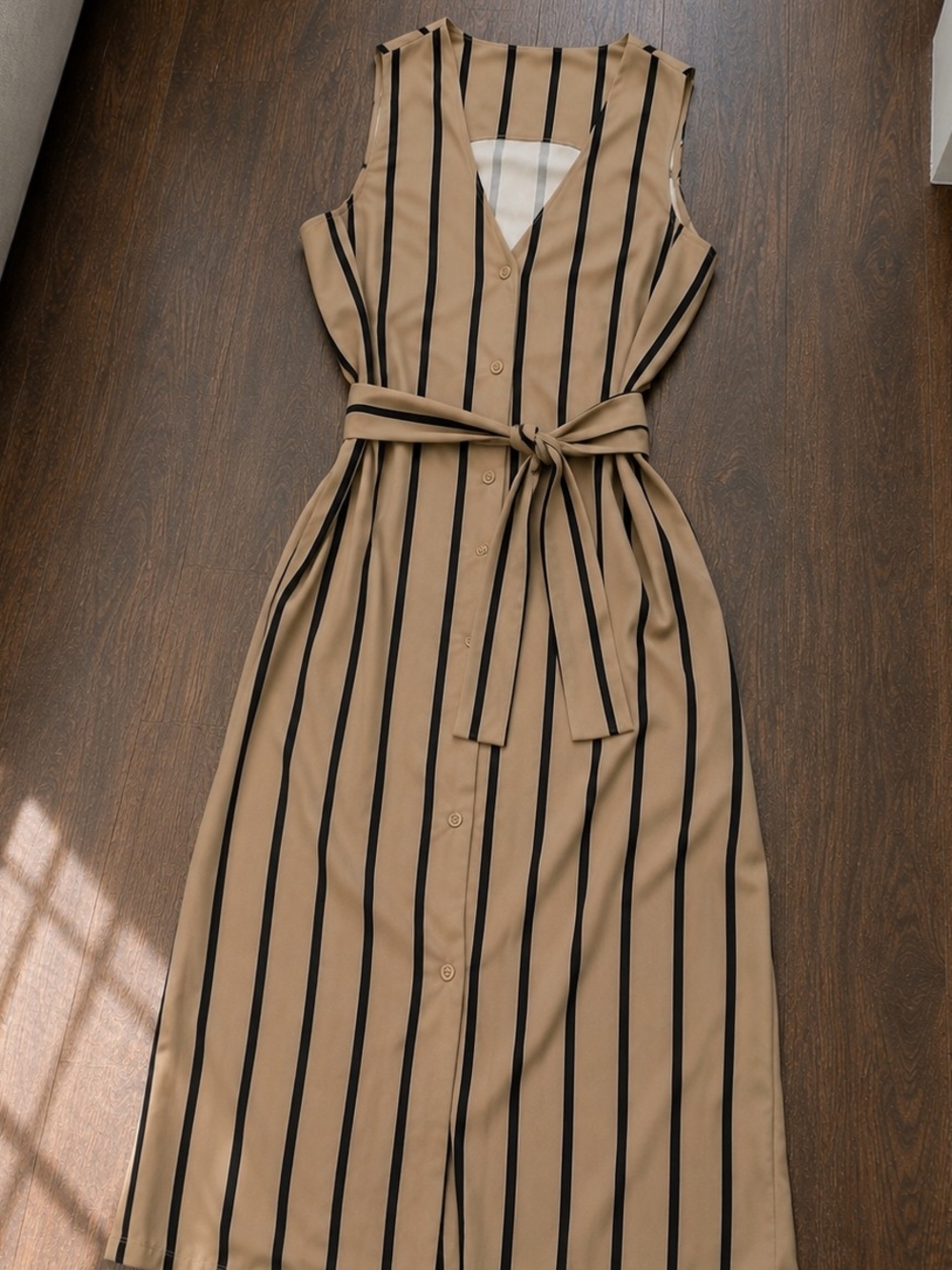 Sleeveless Tan Striped Button-Front Dress with Self Tie